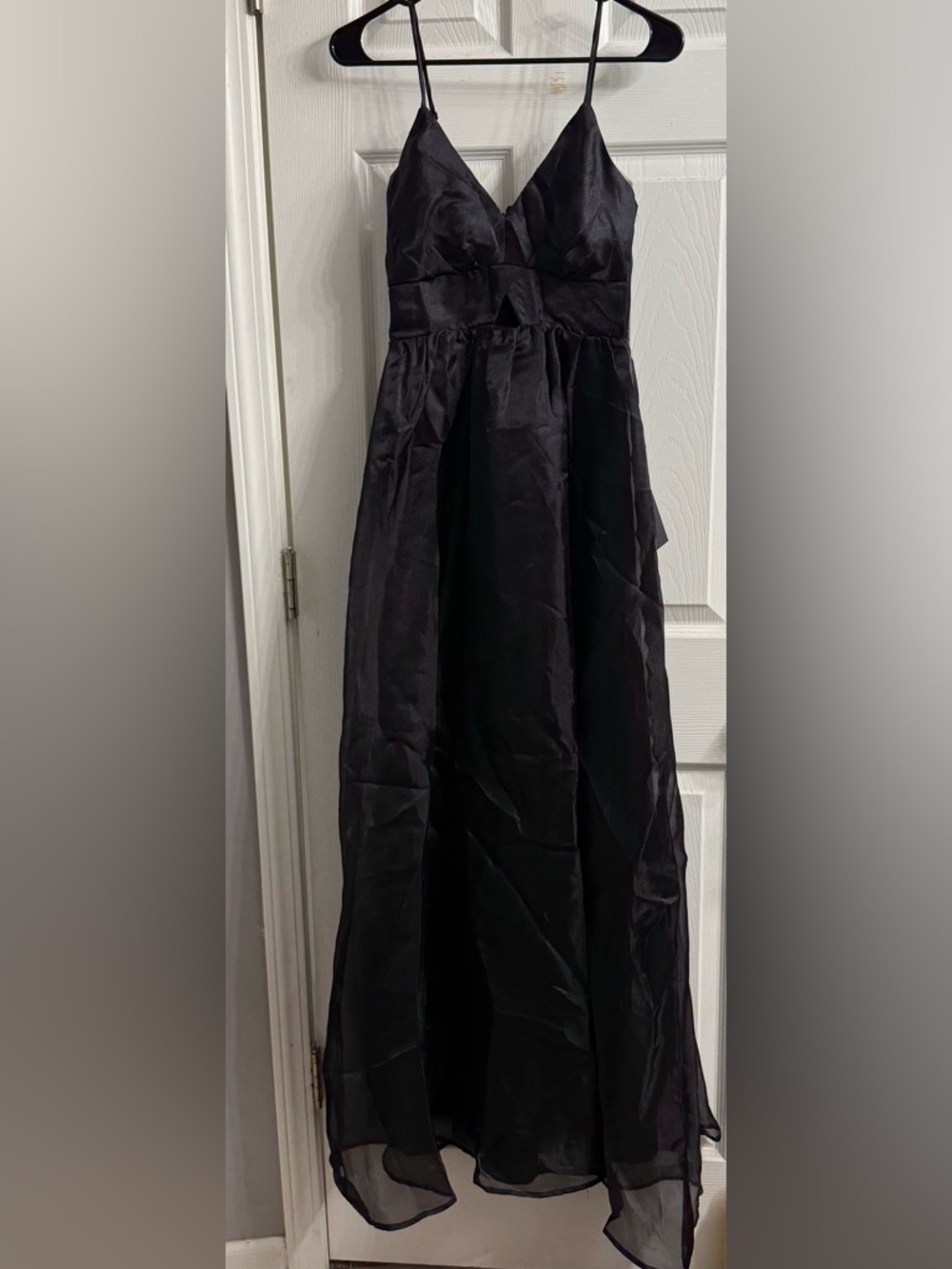 Lulu's Black Satin Maxi Dress with Front Keyhole and High Slit - Picture 5 of 7